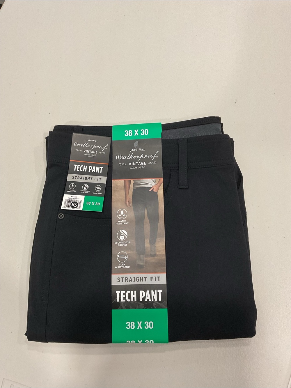 Weatherproof Vintage Mens Tech Pant Straight Fit Black 38x30 Water Resistant